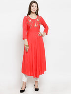 Jompers Women Peach embroidered Flaired Kurta | Grocsy