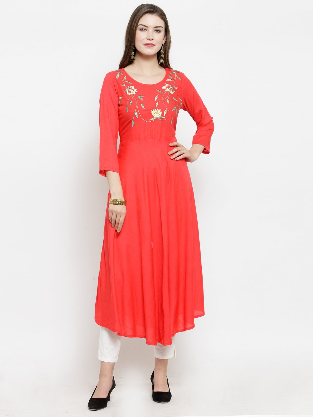 Jompers Women Peach embroidered Flaired Kurta | Grocsy