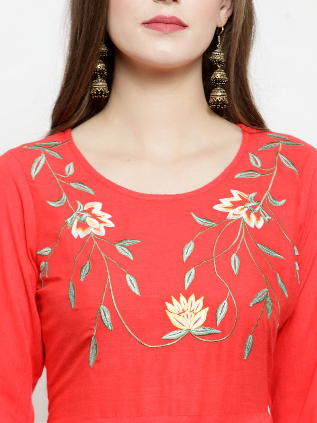 Jompers Women Peach embroidered Flaired Kurta | Grocsy