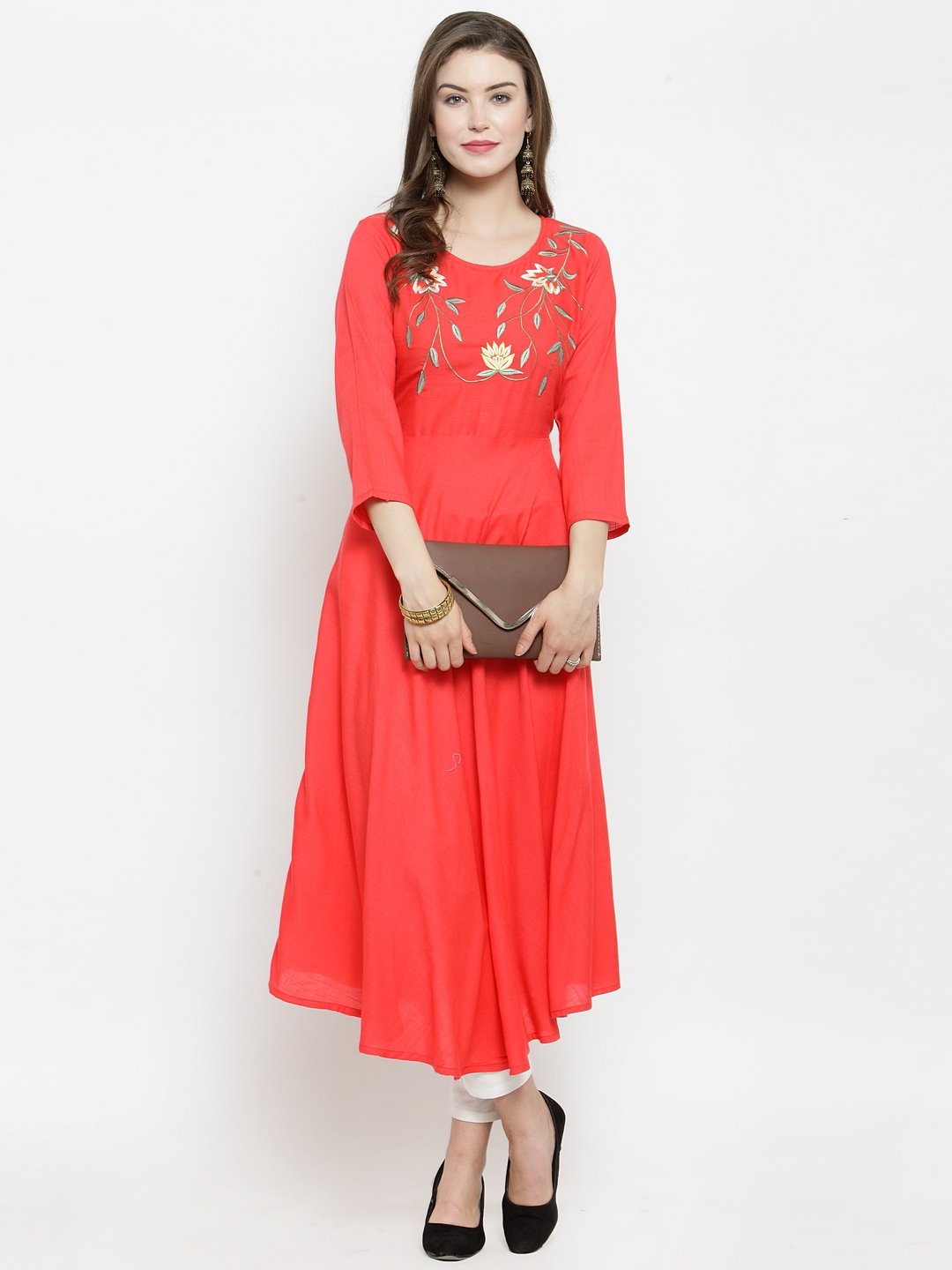 Jompers Women Peach embroidered Flaired Kurta | Grocsy