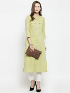 Jompers Women Green woven design Straight Kurta | Grocsy