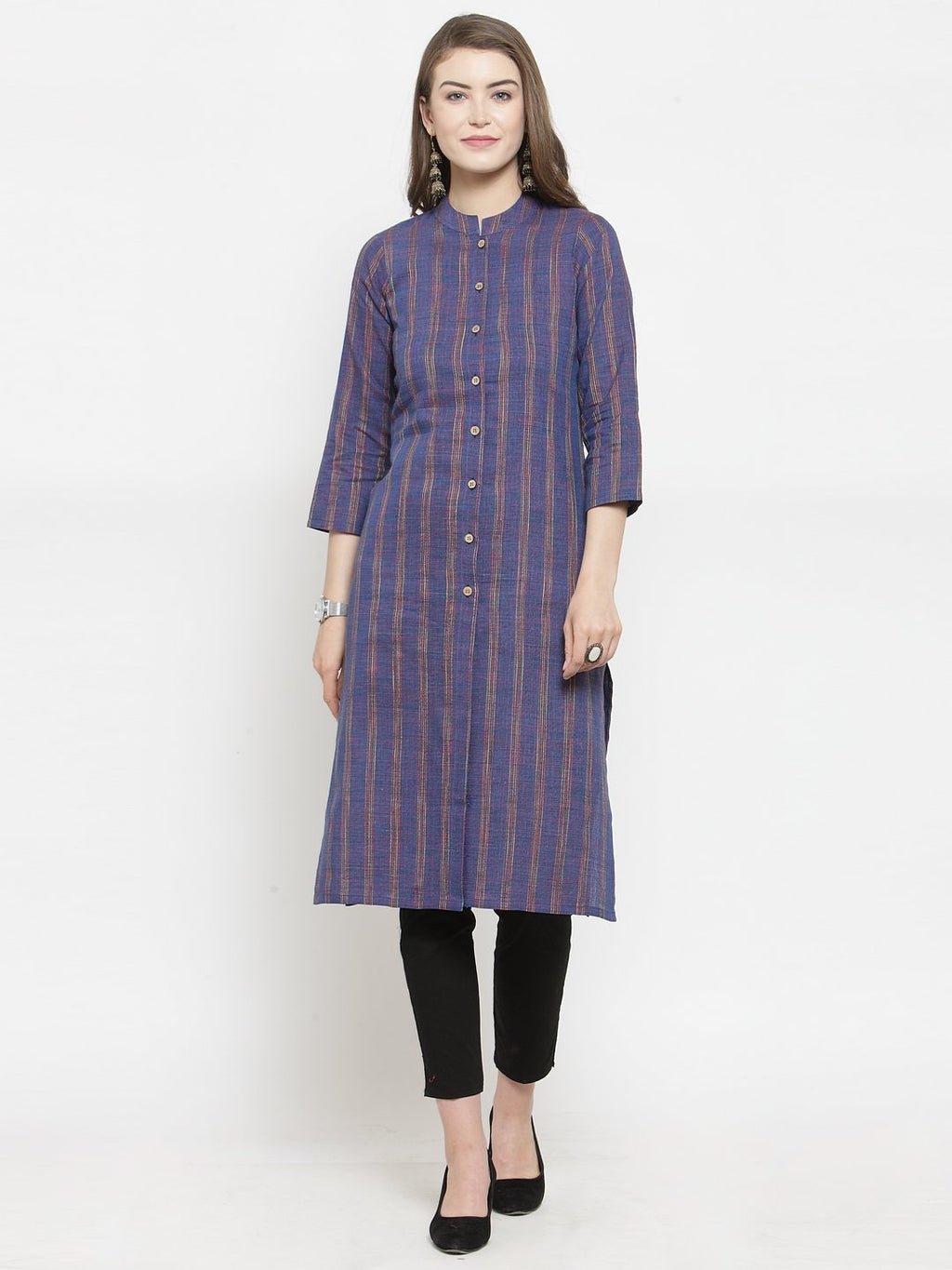 Jompers Women Blue Blue Striped Cotton-blend Straight Kurta | Grocsy