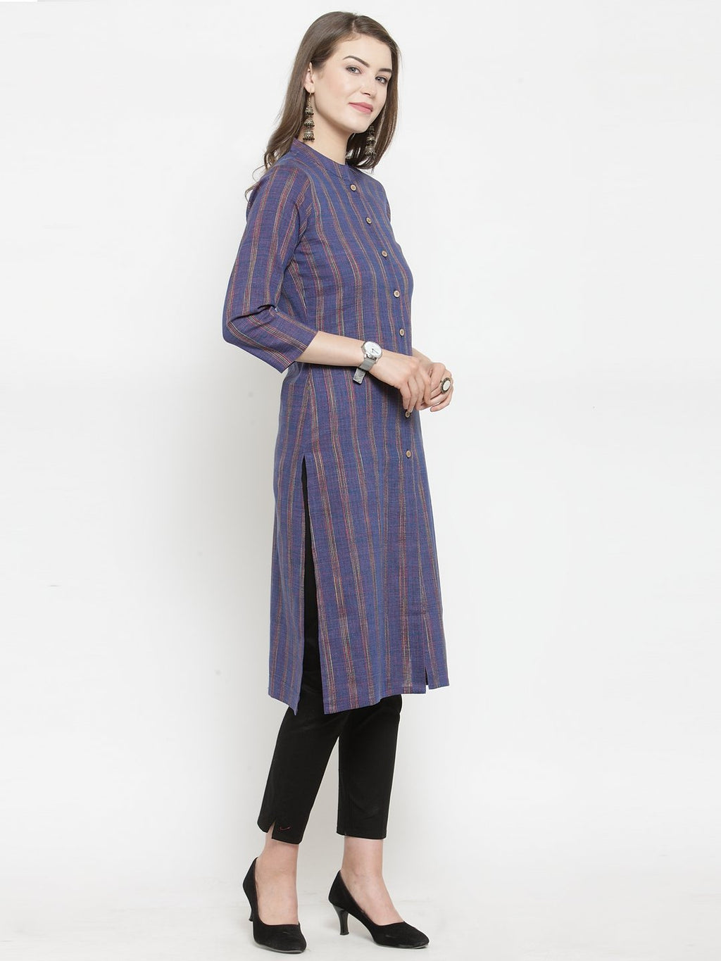 Jompers Women Blue Blue Striped Cotton-blend Straight Kurta | Grocsy