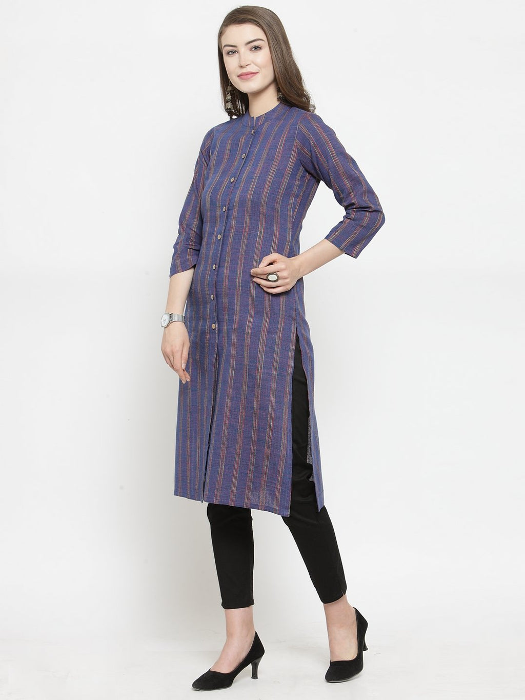 Jompers Women Blue Blue Striped Cotton-blend Straight Kurta | Grocsy