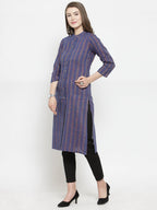 Jompers Women Blue Blue Striped Cotton-blend Straight Kurta | Grocsy