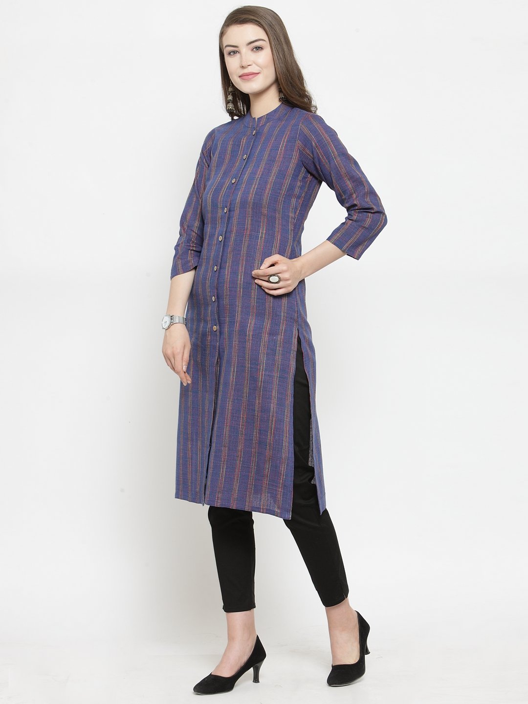 Jompers Women Blue Blue Striped Cotton-blend Straight Kurta | Grocsy