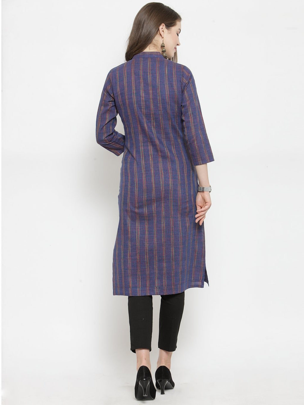 Jompers Women Blue Blue Striped Cotton-blend Straight Kurta | Grocsy