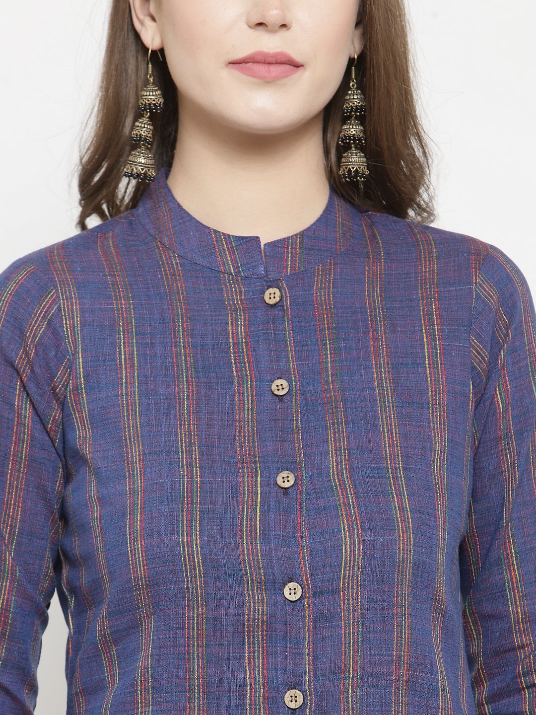 Jompers Women Blue Blue Striped Cotton-blend Straight Kurta | Grocsy