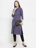 Jompers Women Blue Blue Striped Cotton-blend Straight Kurta | Grocsy