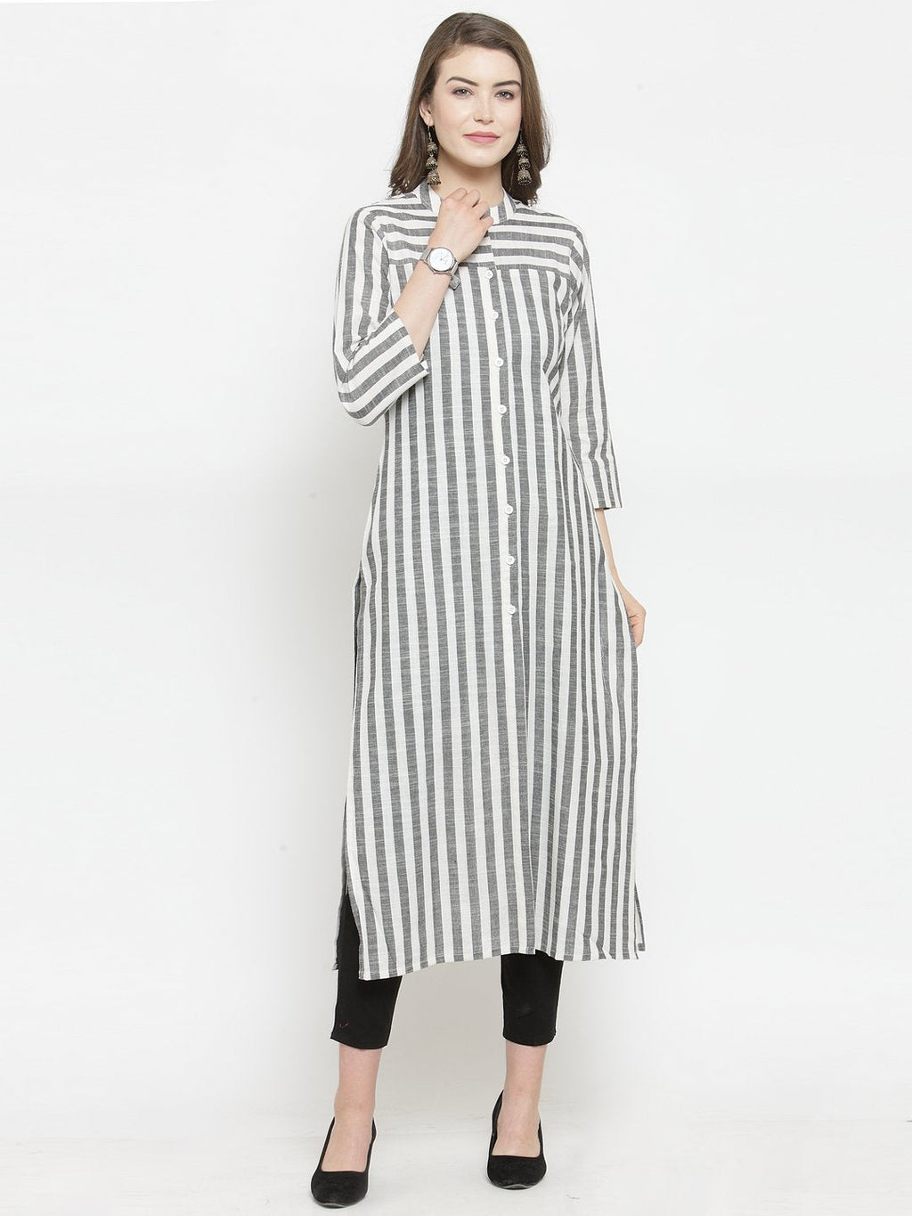Jompers Women Grey & Off-White Striped Cotton Straight Kurta | Grocsy