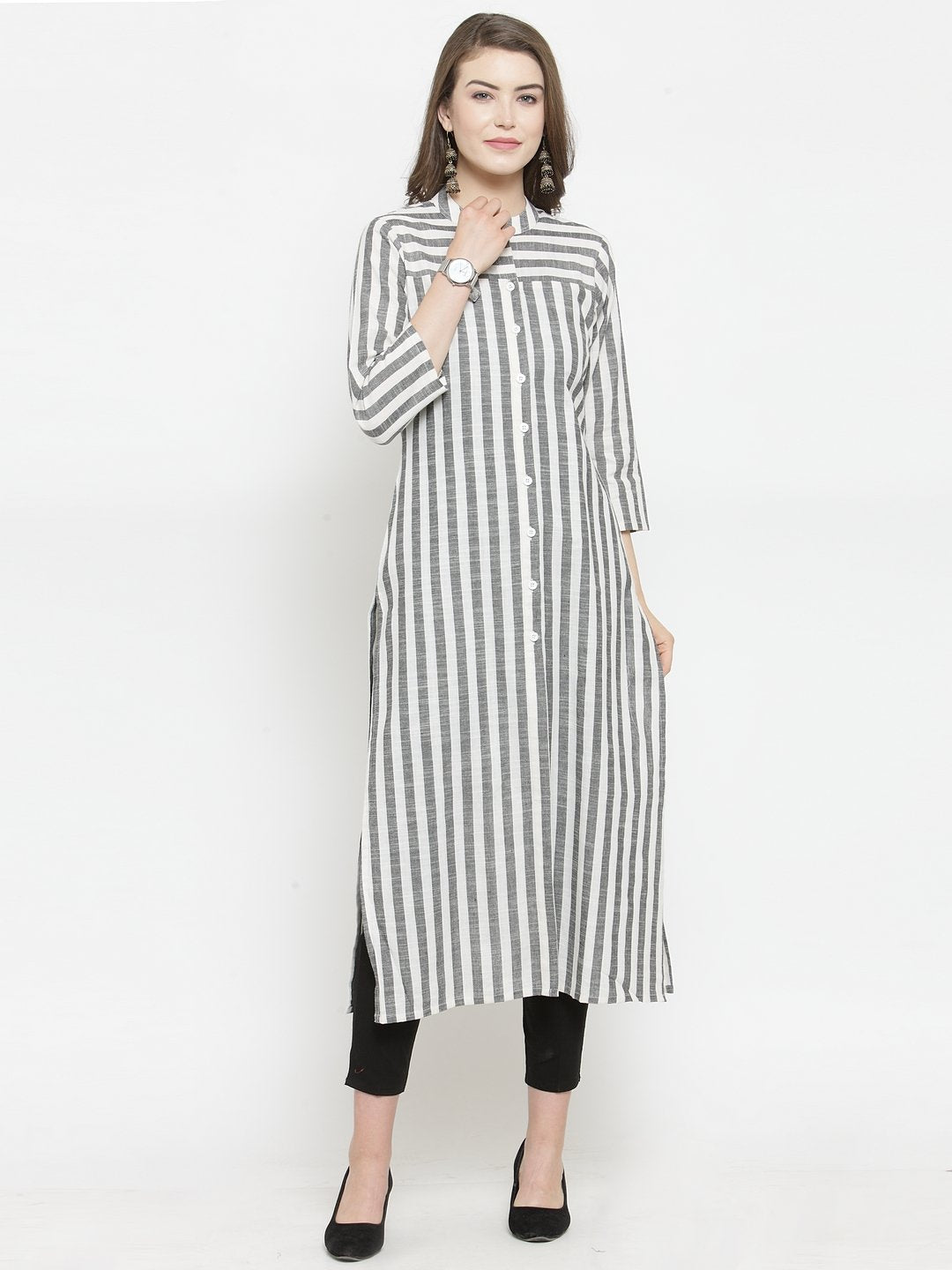 Jompers Women Grey & Off-White Striped Cotton Straight Kurta | Grocsy