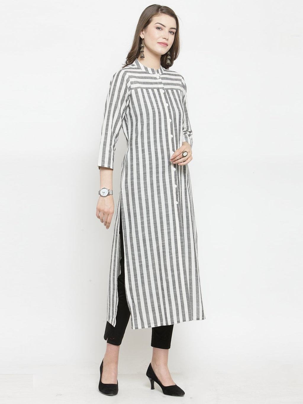 Jompers Women Grey & Off-White Striped Cotton Straight Kurta | Grocsy