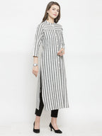 Jompers Women Grey & Off-White Striped Cotton Straight Kurta | Grocsy