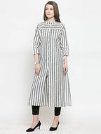 Jompers Women Grey & Off-White Striped Cotton Straight Kurta | Grocsy