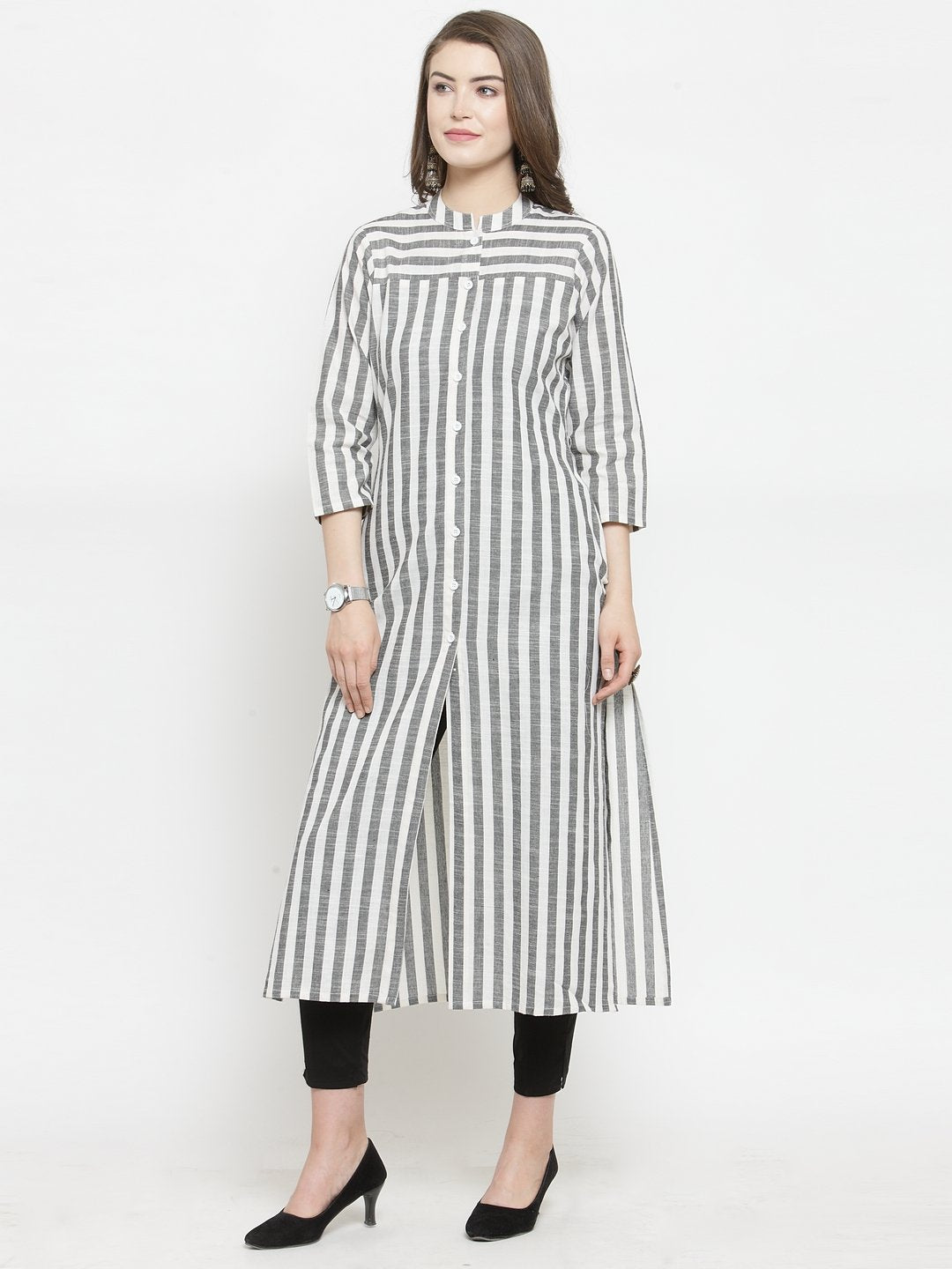 Jompers Women Grey & Off-White Striped Cotton Straight Kurta | Grocsy