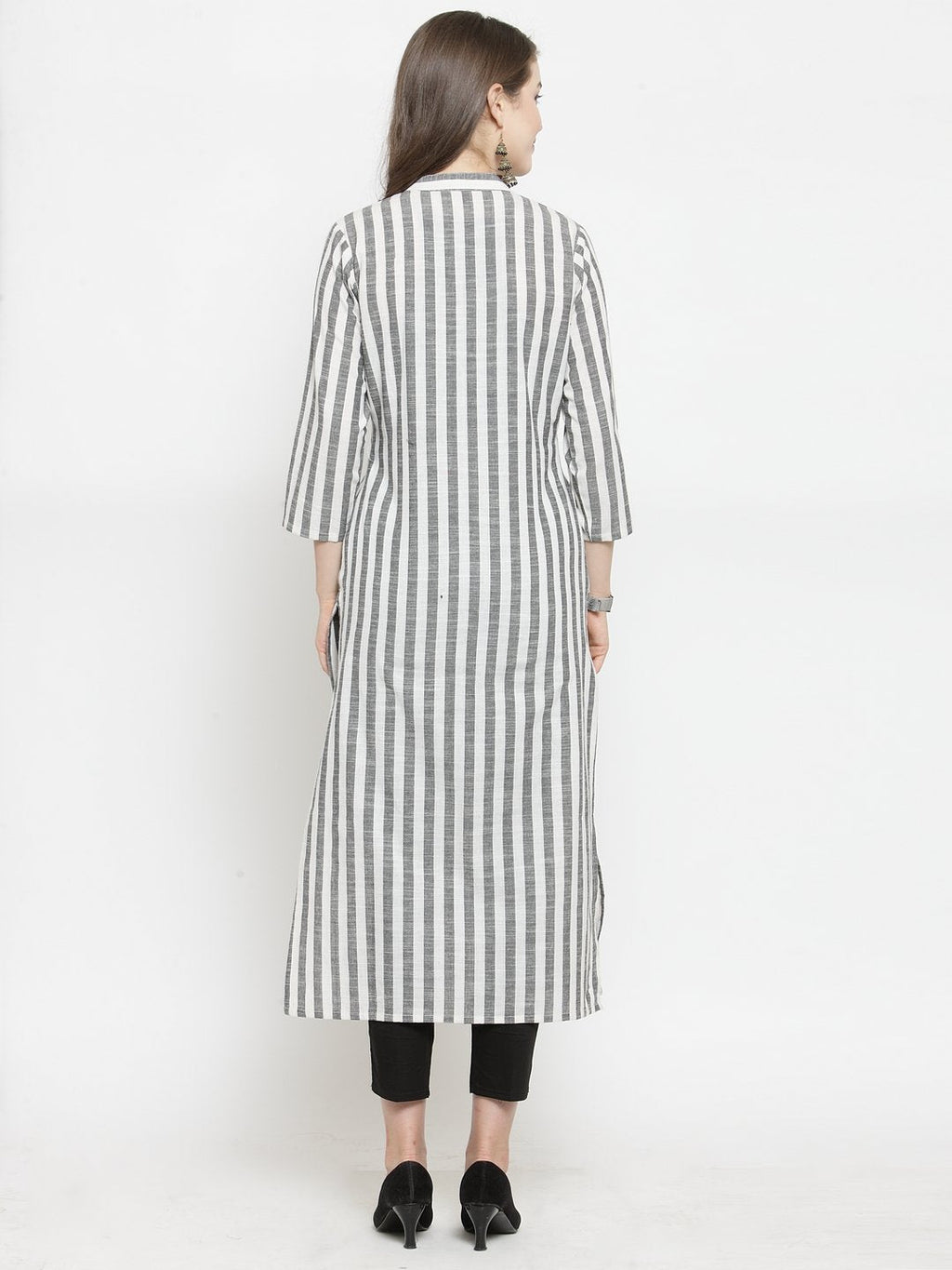 Jompers Women Grey & Off-White Striped Cotton Straight Kurta | Grocsy