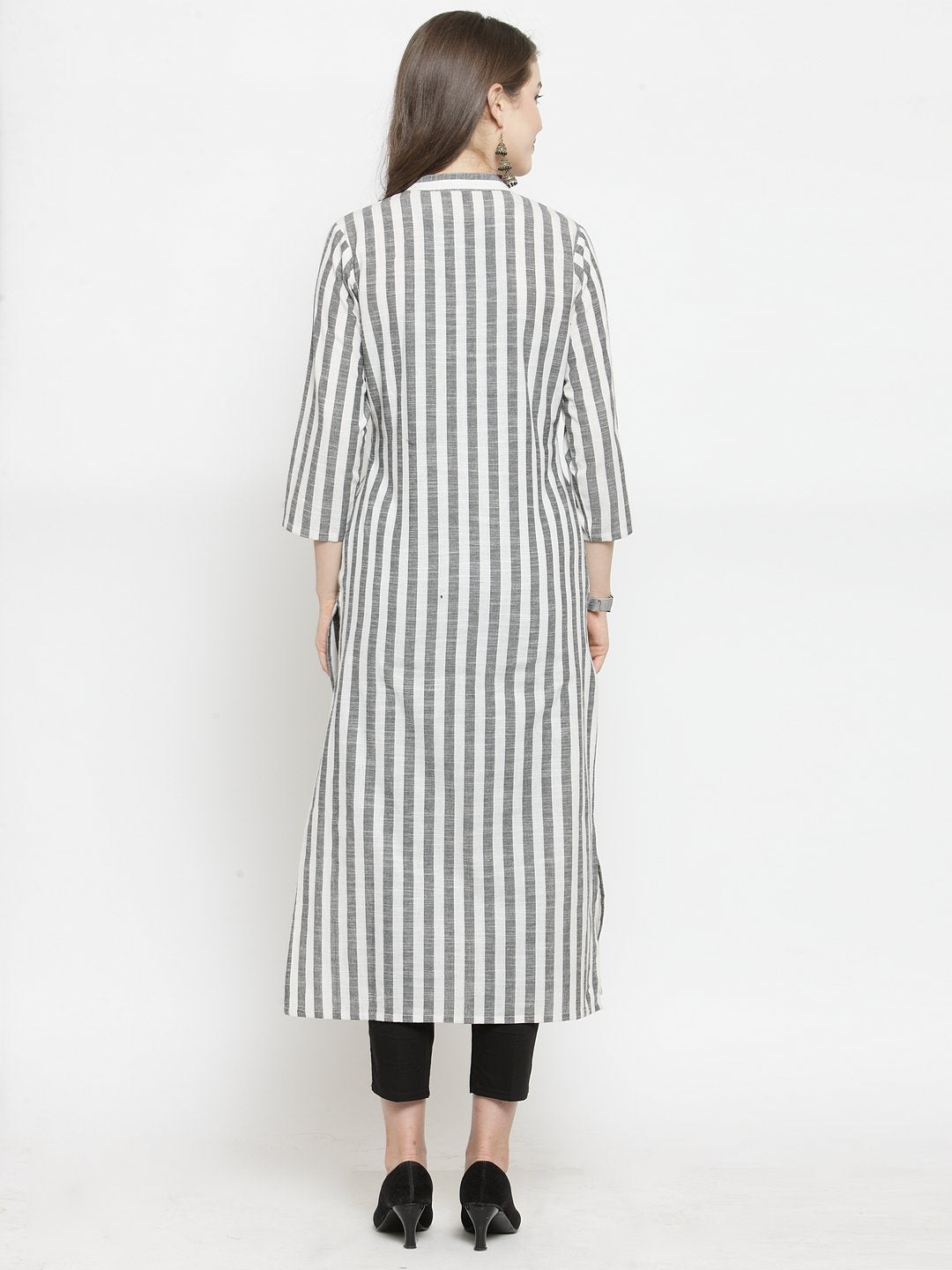 Jompers Women Grey & Off-White Striped Cotton Straight Kurta | Grocsy
