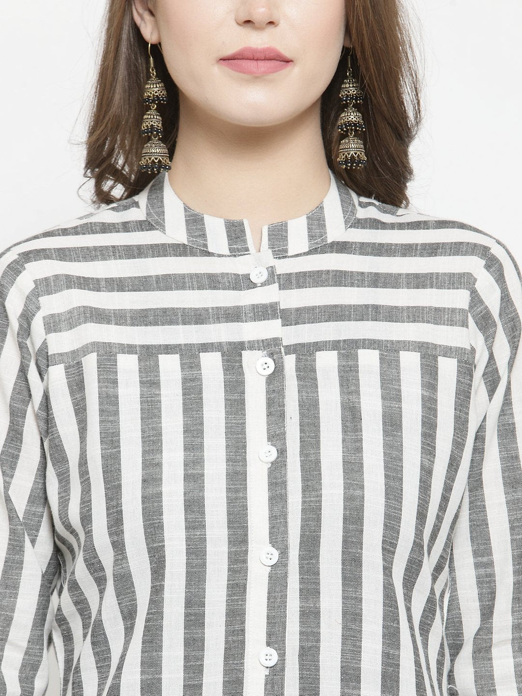 Jompers Women Grey & Off-White Striped Cotton Straight Kurta | Grocsy