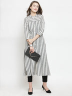 Jompers Women Grey & Off-White Striped Cotton Straight Kurta | Grocsy