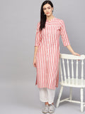 Jompers Women Red & Off-White Striped Cotton Straight Kurta | Grocsy