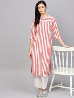 Jompers Women Red & Off-White Striped Cotton Straight Kurta | Grocsy