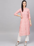 Jompers Women Red & Off-White Striped Cotton Straight Kurta | Grocsy