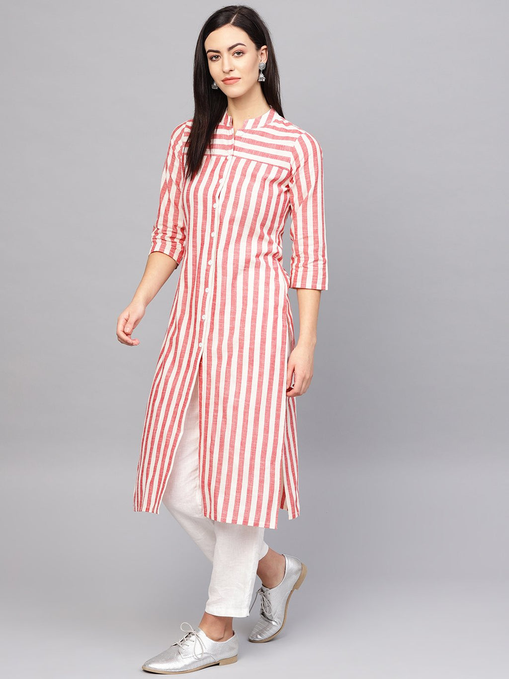 Jompers Women Red & Off-White Striped Cotton Straight Kurta | Grocsy