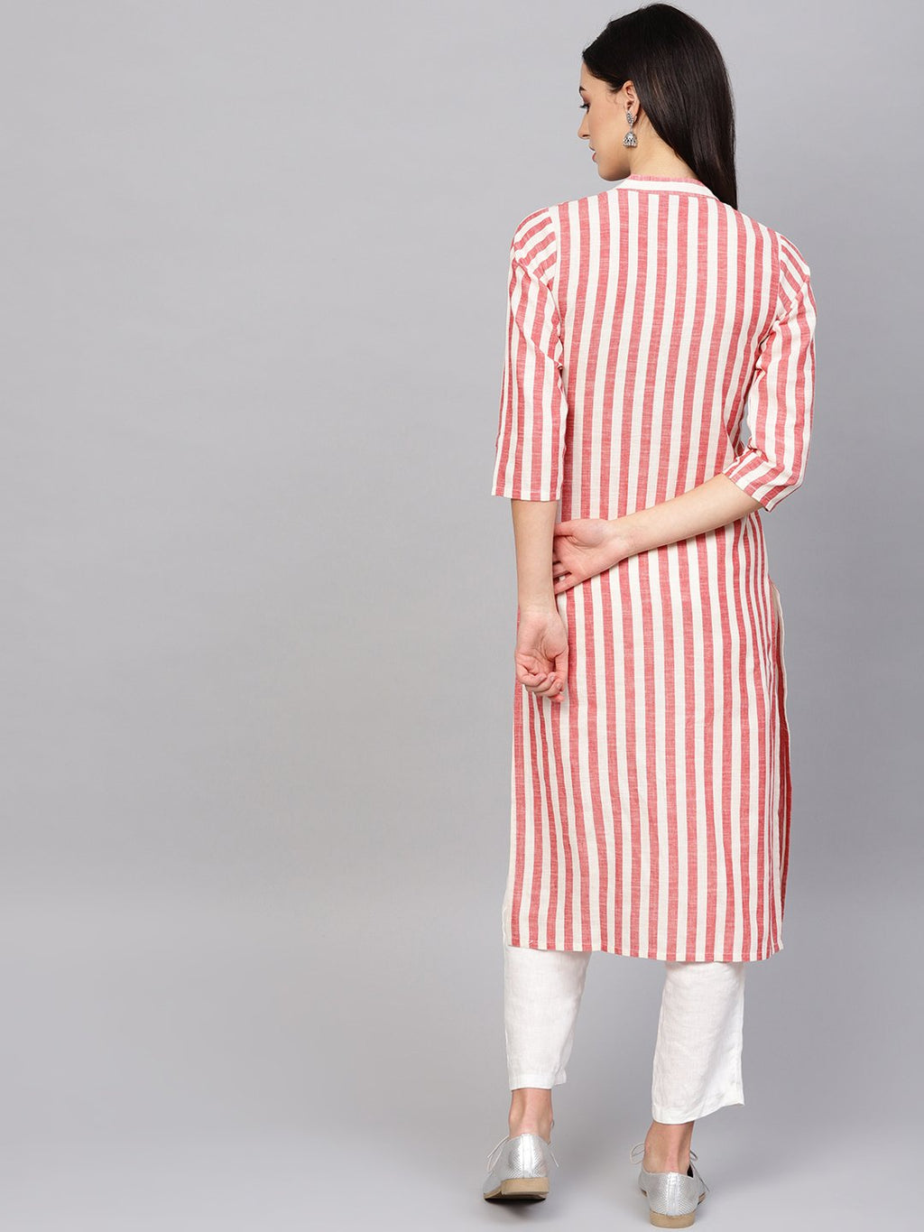 Jompers Women Red & Off-White Striped Cotton Straight Kurta | Grocsy
