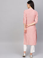 Jompers Women Red & Off-White Striped Cotton Straight Kurta | Grocsy