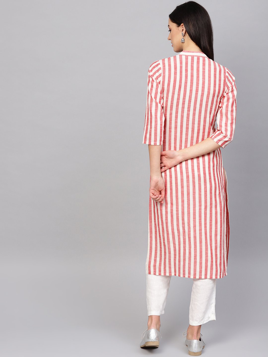 Jompers Women Red & Off-White Striped Cotton Straight Kurta | Grocsy