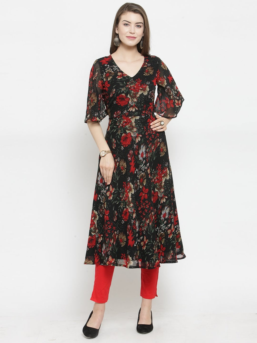 Jompers Women Black & Red Floral Printed Gorgette Flared Kurta | Grocsy