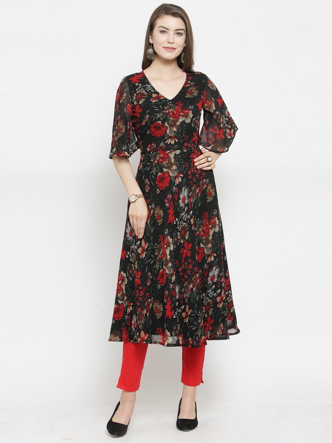 Jompers Women Black & Red Floral Printed Gorgette Flared Kurta | Grocsy