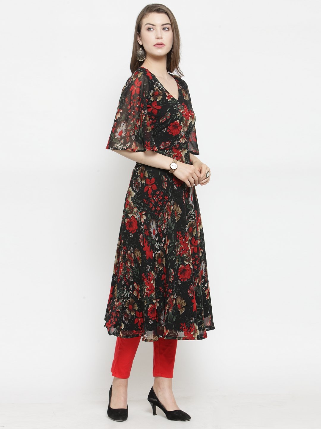 Jompers Women Black & Red Floral Printed Gorgette Flared Kurta | Grocsy