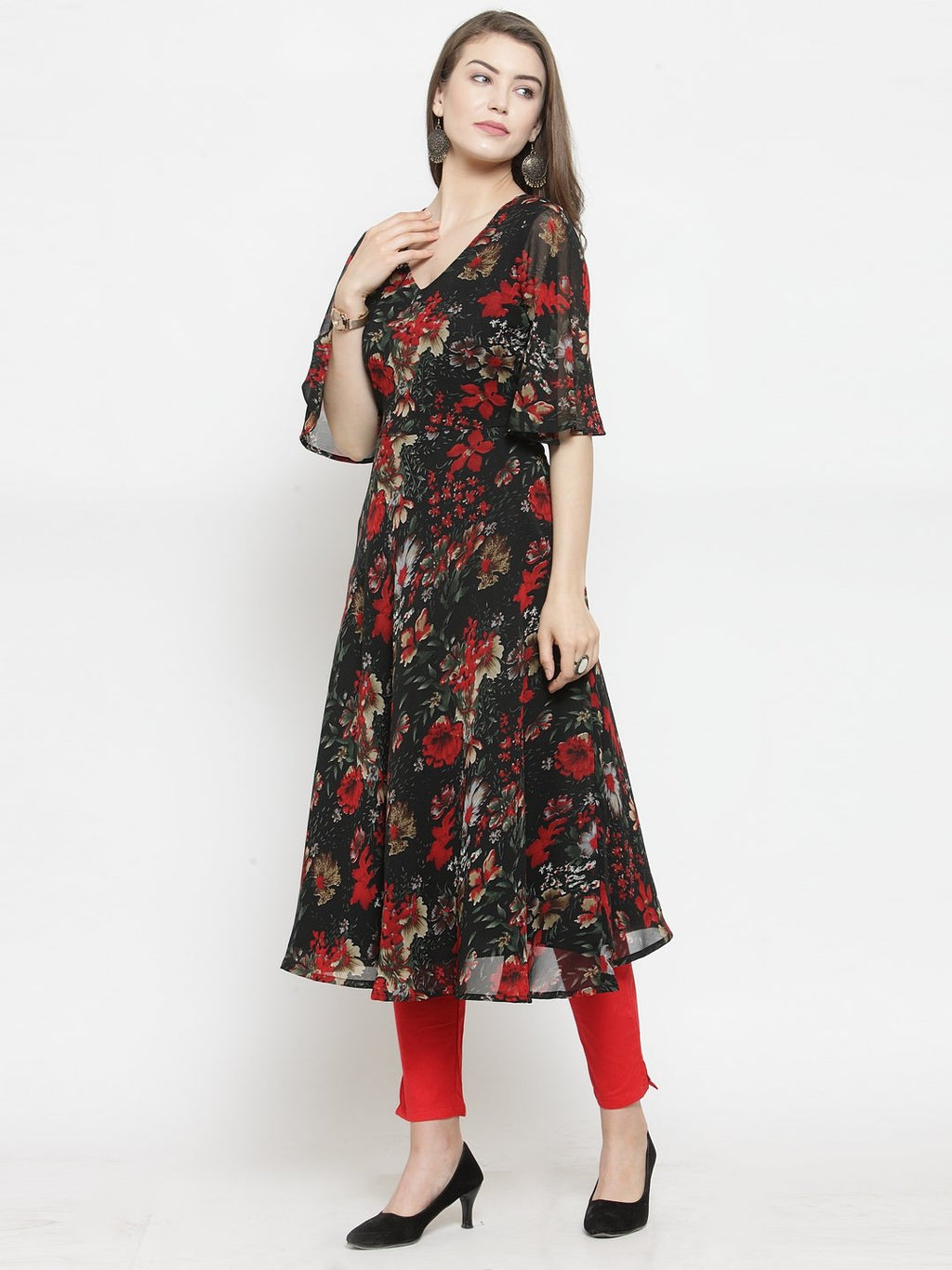 Jompers Women Black & Red Floral Printed Gorgette Flared Kurta | Grocsy