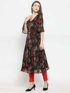 Jompers Women Black & Red Floral Printed Gorgette Flared Kurta | Grocsy