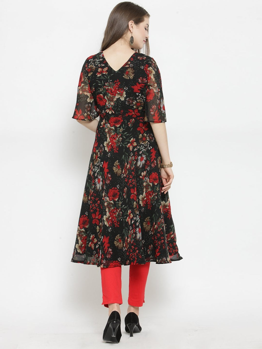 Jompers Women Black & Red Floral Printed Gorgette Flared Kurta | Grocsy