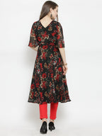 Jompers Women Black & Red Floral Printed Gorgette Flared Kurta | Grocsy