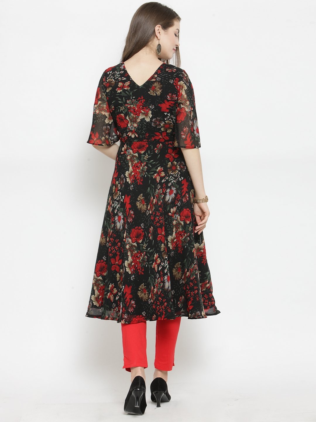 Jompers Women Black & Red Floral Printed Gorgette Flared Kurta | Grocsy