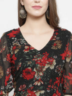 Jompers Women Black & Red Floral Printed Gorgette Flared Kurta | Grocsy