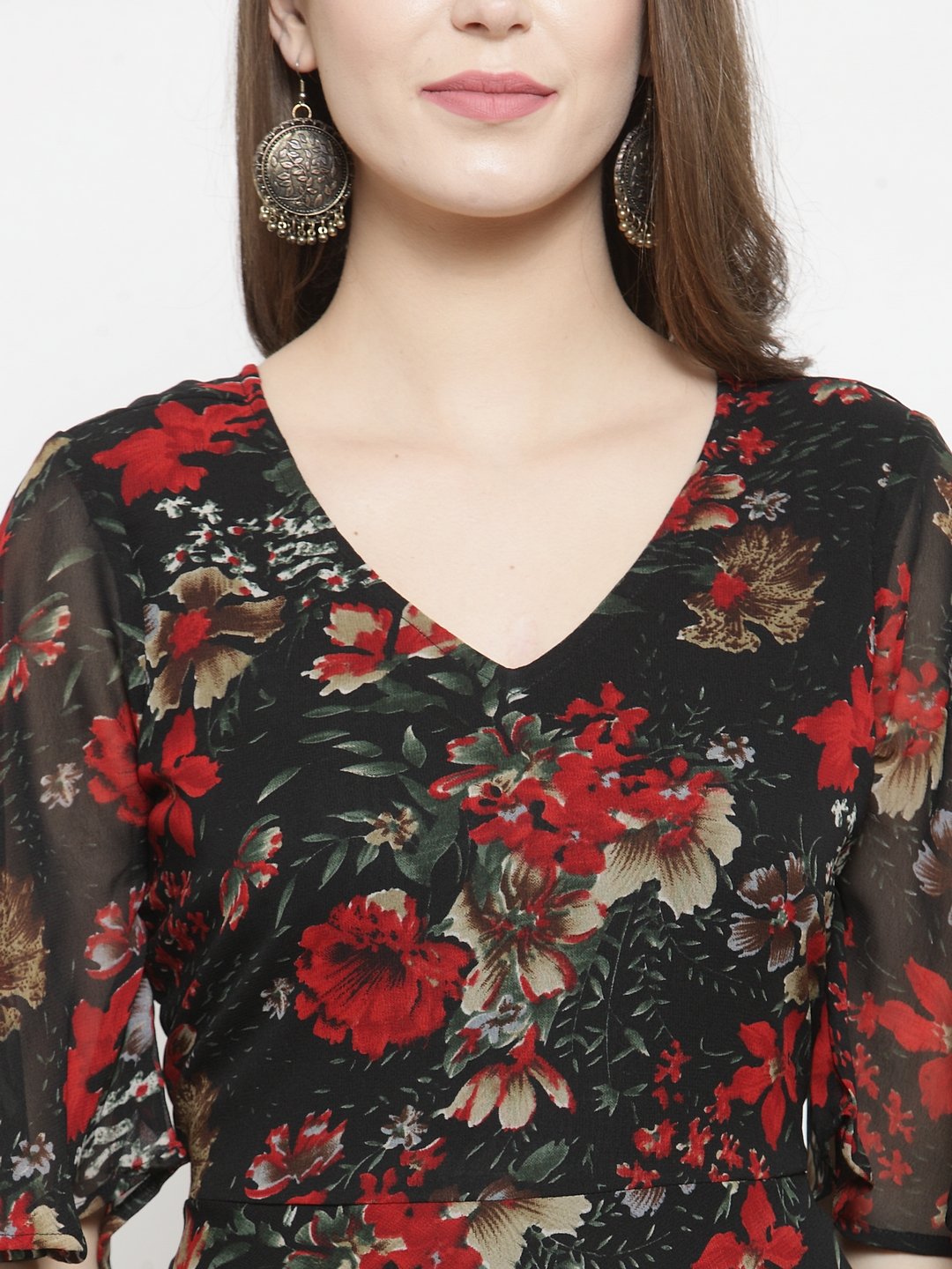 Jompers Women Black & Red Floral Printed Gorgette Flared Kurta | Grocsy
