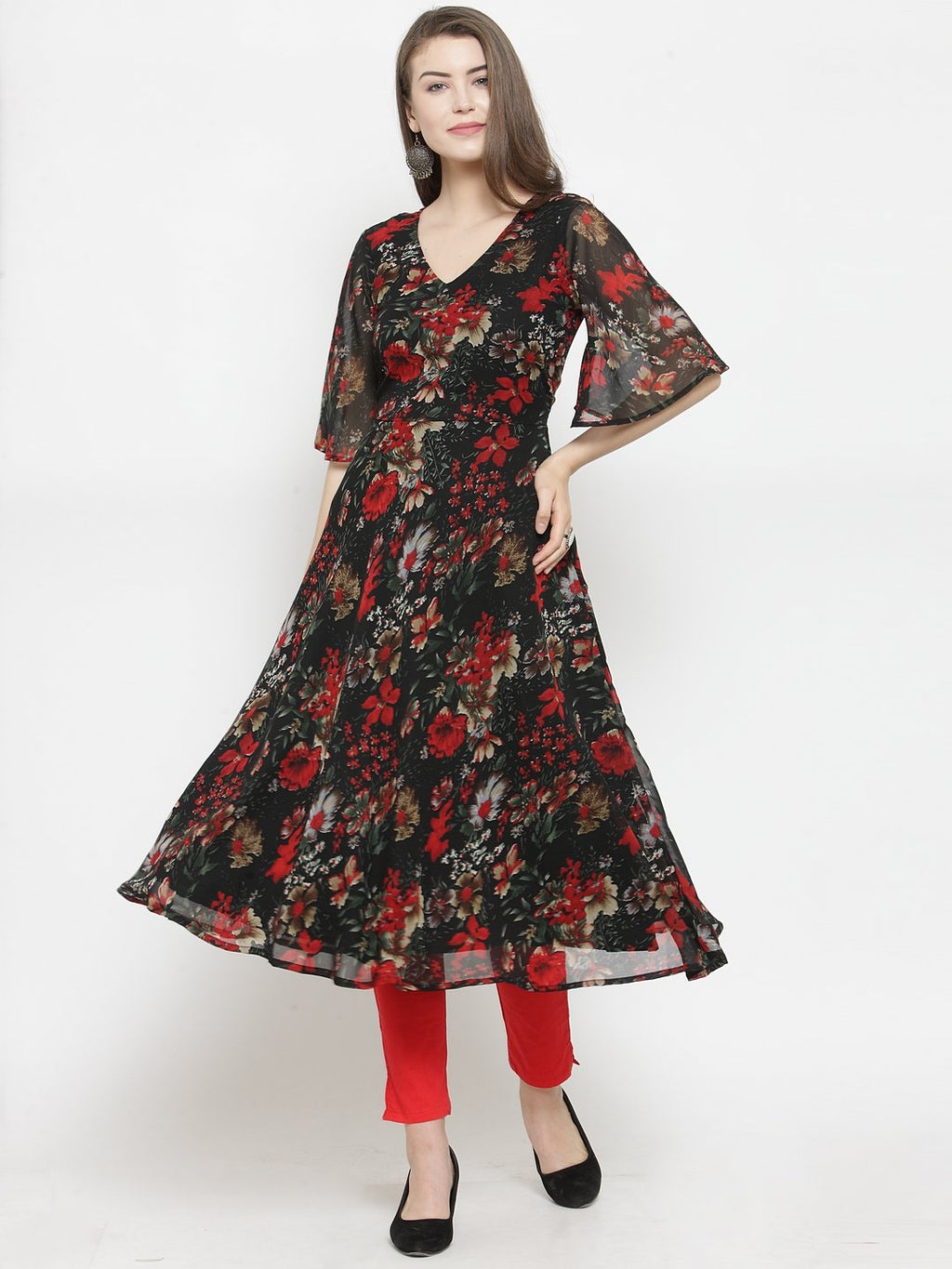Jompers Women Black & Red Floral Printed Gorgette Flared Kurta | Grocsy