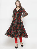 Jompers Women Black & Red Floral Printed Gorgette Flared Kurta | Grocsy