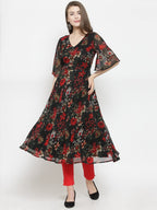Jompers Women Black & Red Floral Printed Gorgette Flared Kurta | Grocsy
