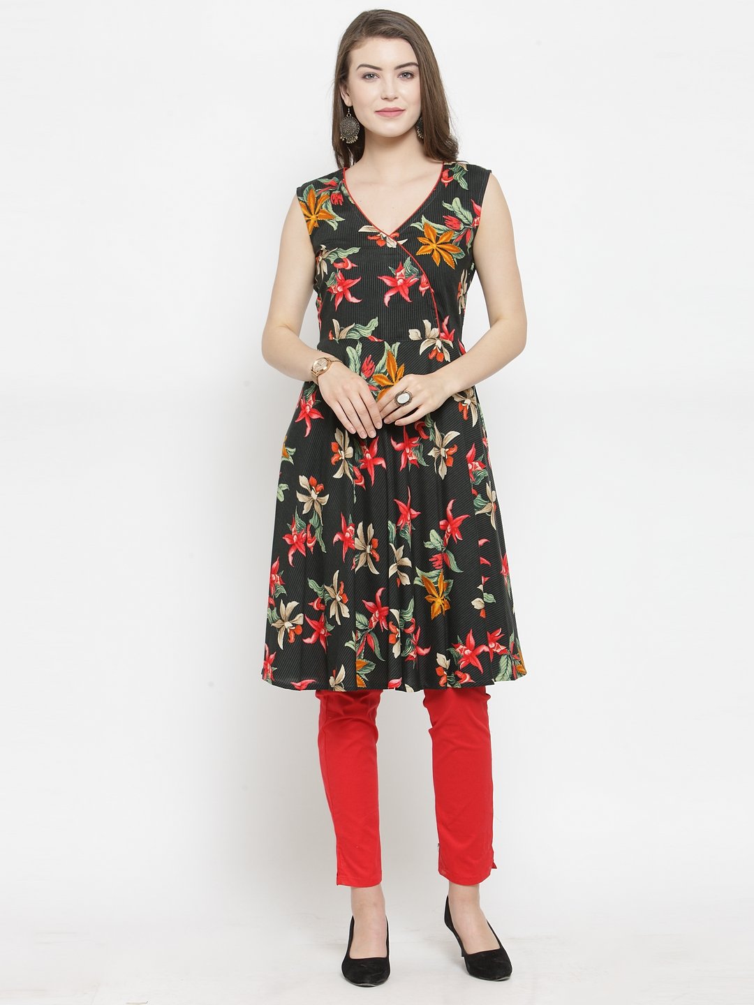Jompers Women Black & Red Floral Printed Rayon A-Line Kurta | Grocsy