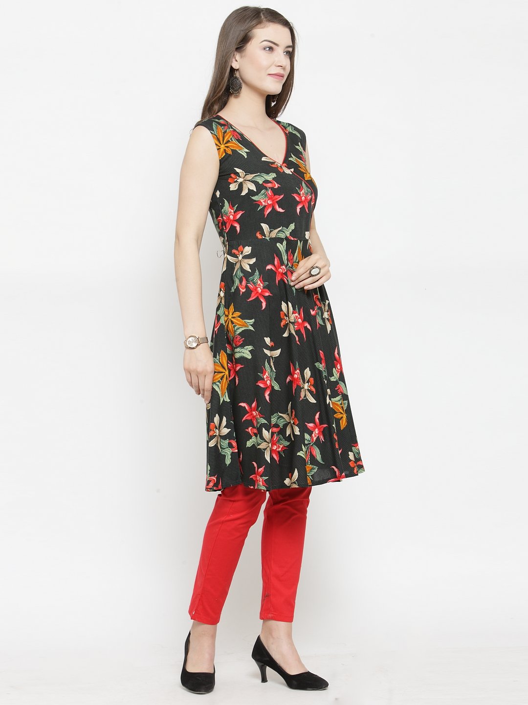 Jompers Women Black & Red Floral Printed Rayon A-Line Kurta | Grocsy