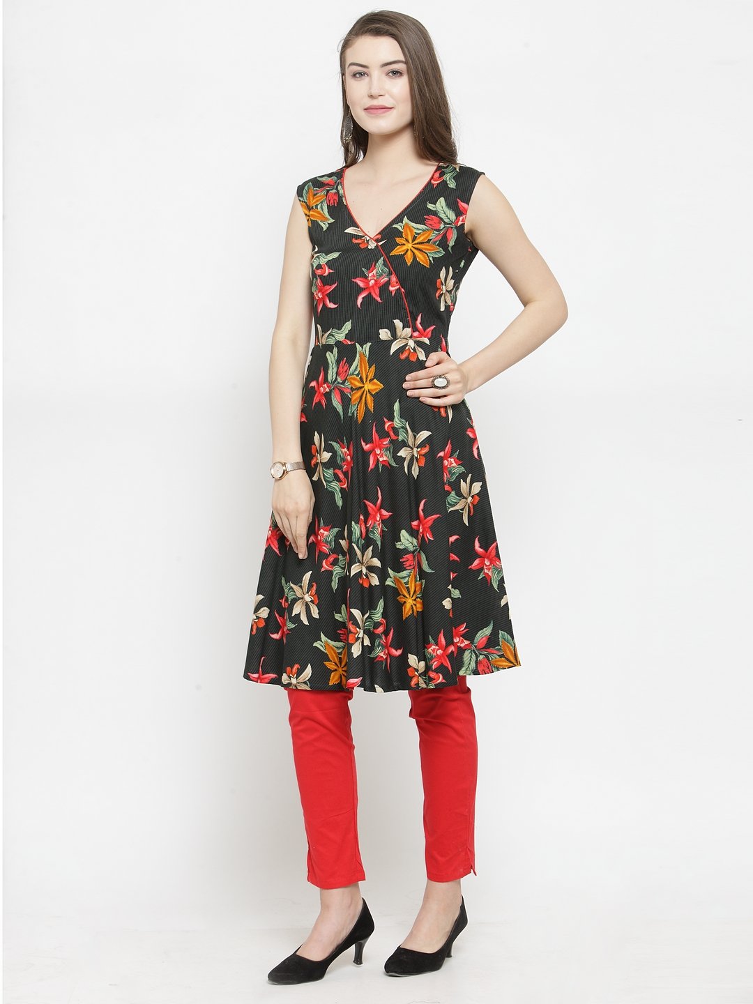 Jompers Women Black & Red Floral Printed Rayon A-Line Kurta | Grocsy