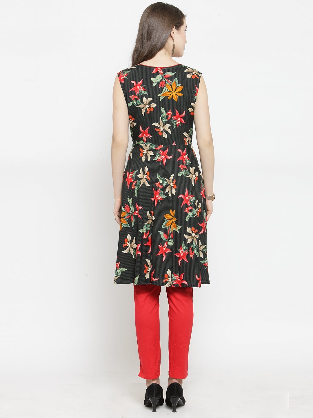 Jompers Women Black & Red Floral Printed Rayon A-Line Kurta | Grocsy