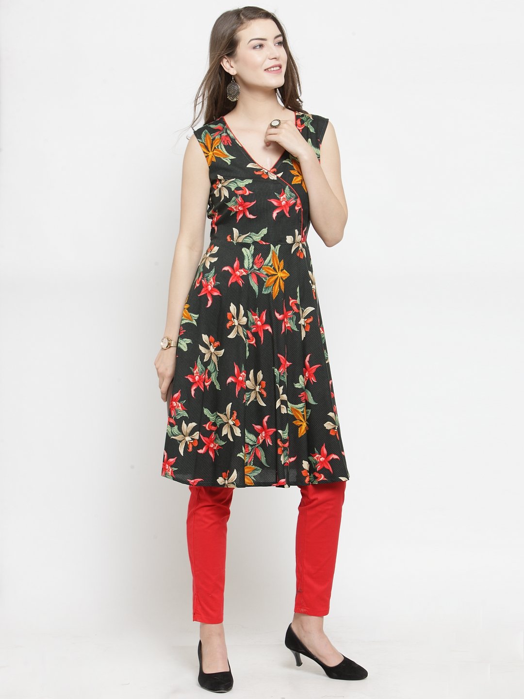 Jompers Women Black & Red Floral Printed Rayon A-Line Kurta | Grocsy