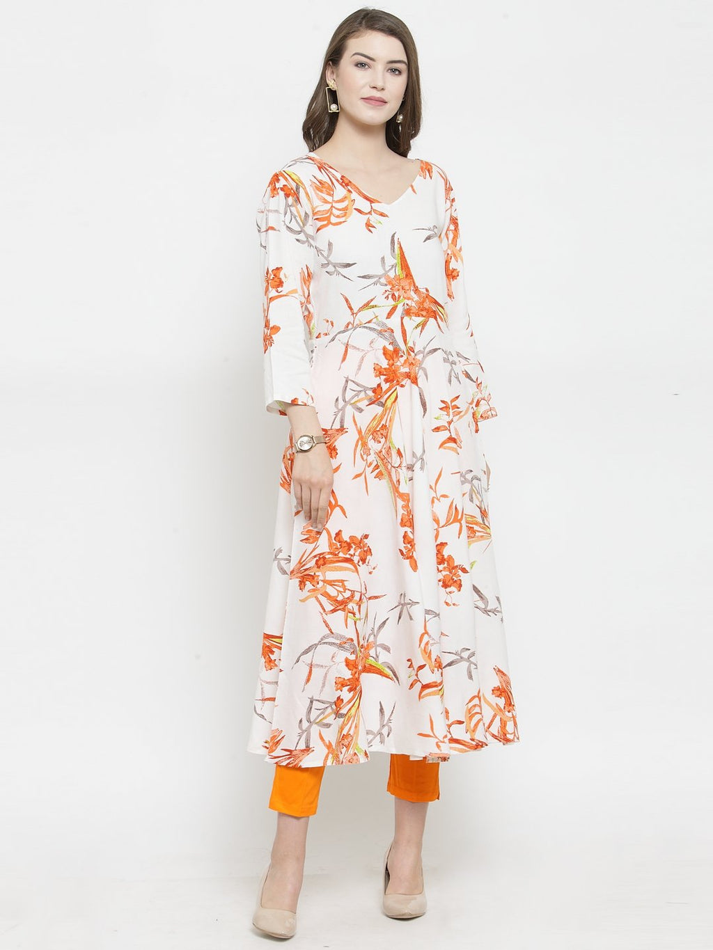 Jompers Women White & Orange Floral Printed Rayon Flared Kurta | Grocsy