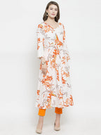 Jompers Women White & Orange Floral Printed Rayon Flared Kurta | Grocsy